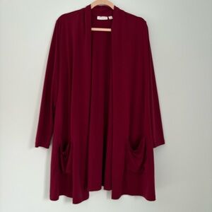 Susan Graver Open Cardigan Size 1X  Red Long Sleeves Pockets Liquid Knit Stretch